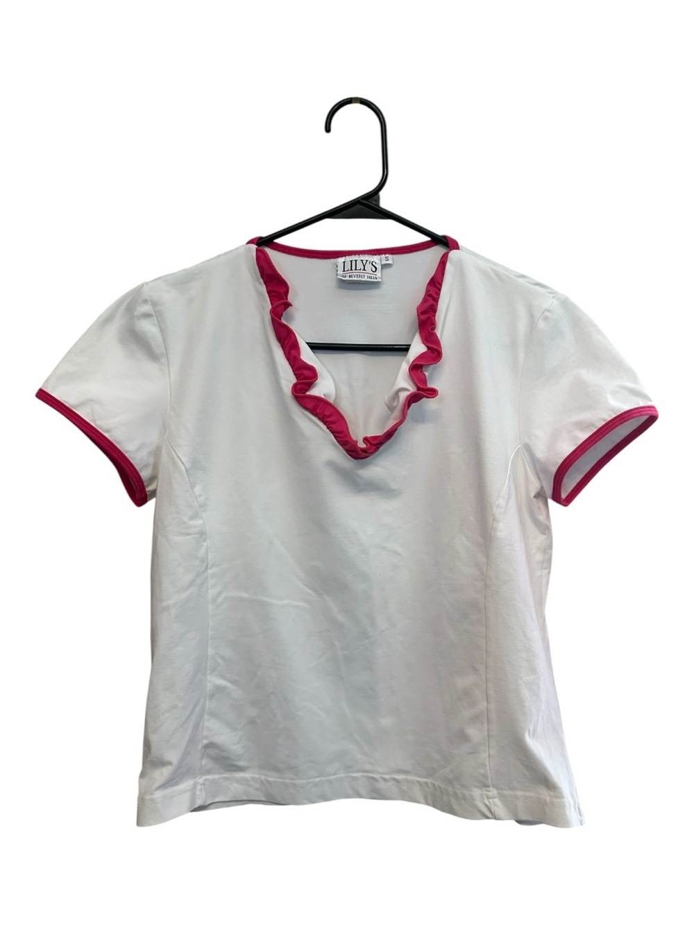 Vintage Y2K Lily’s White Short Sleeve Crop Top with Pink Ruffle Trim Small